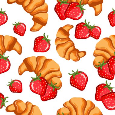 Fransız kruvasan ve çilek desenleri rastgele dizilmiş, menüler ve çeşitli yemek tasarımları için.
