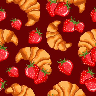 Fransız kruvasanları ve çilekleri menüler ve çeşitli yemek tasarımları için kırmızı arka planda rastgele dizilmiş.