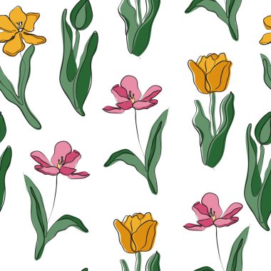 Lale tomurcuklarıyla kusursuz desenler, farklı safhalarda çiçek açmaları, eskiz tarzında yeşil yapraklar, farklı çizgiler ve renk noktaları, logolar ve markalaşma elementleri.