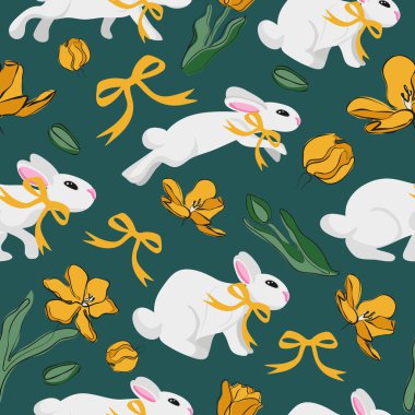 Sarı yaylı beyaz tavşan ikonları ve mavi arka planda sarı lale tomurcukları olan kusursuz desenler. Paskalya kartları, posterler veya diğer tatil tasarımları için.