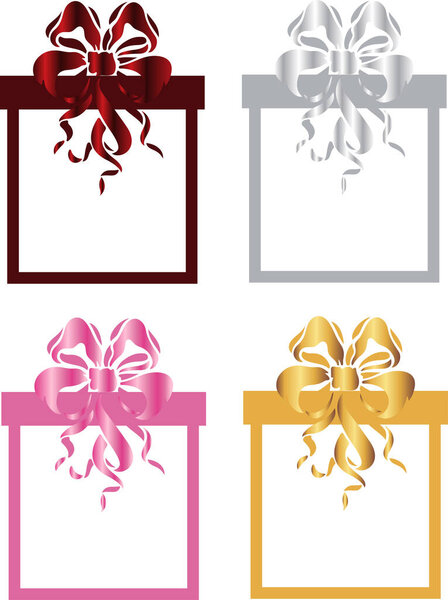 set of decorative frame templates in the shape of a gift box with large colored flower-shaped bows