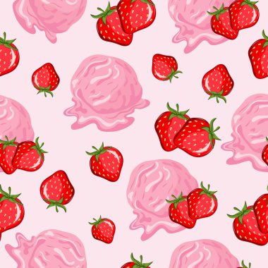 seamless pattern with pink ice cream with strawberry flavor and berries on a pink background, placed randomly, for menus, social media or textiles
