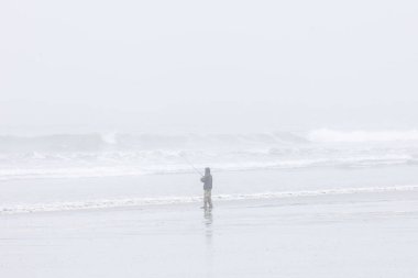 Hilal Şehri, CA - 30 Mayıs 2025: Sisli bir sahilde tek başına balık tutan adam