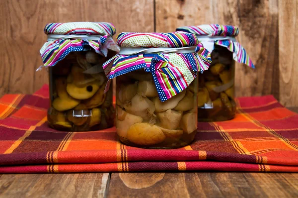 Marinated mushrooms in jars — Stock Photo, Image