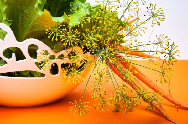 Wortel, salad dan adas pada latar belakang oranye — Stok Foto