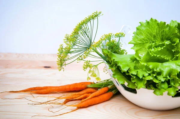 Cenouras, salada e funcho em mesa de madeira — Fotografia de Stock