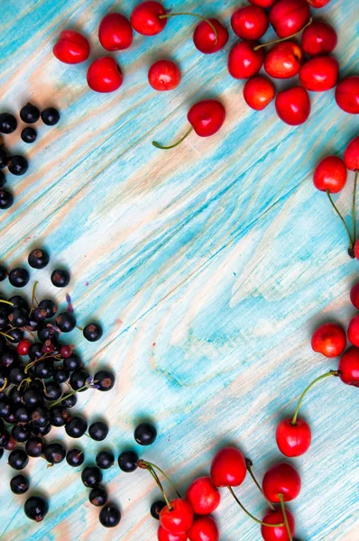 Cassis et cerises sur fond de bois bleu — Photo