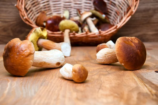 Champignons frais dans le panier sur une table en bois — Photo