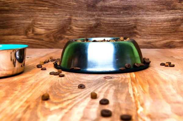 Köpeğin kase ahşap arka plan üzerinde tam