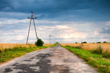 Buğday alanı tarafından çevrili kırık asphatl yol
