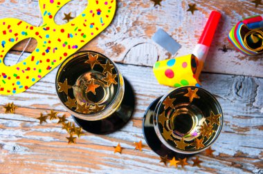 Parti şampanya ile. New Year's Eve veya doğum günü. Üstten Görünüm.