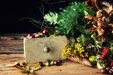 Solmuş yapraklar, çiçekler ve ahşap arka plan üzerinde kestane