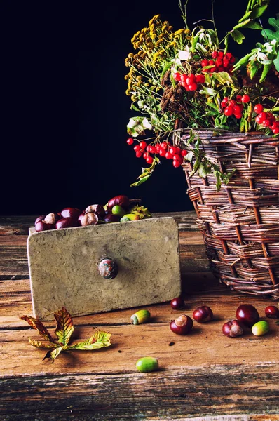 Verdorde bladeren, herfst bloemen en kastanjes in een rieten mand — Stockfoto