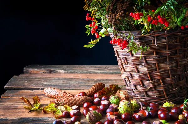 Verdorde bladeren, herfst bloemen en kastanjes in een rieten mand — Stockfoto