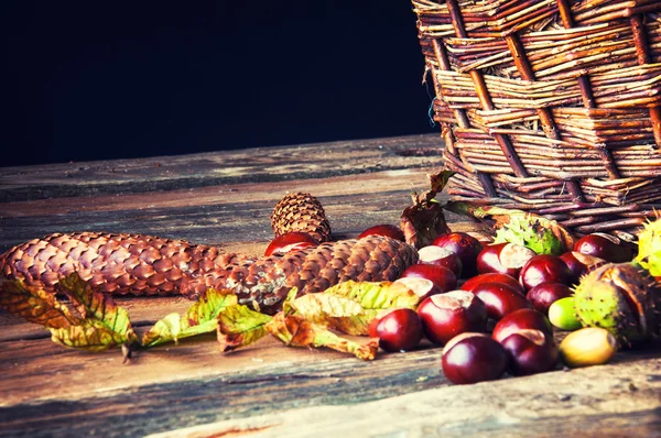 Verdorde bladeren, herfst bloemen en kastanjes in een rieten mand — Stockfoto