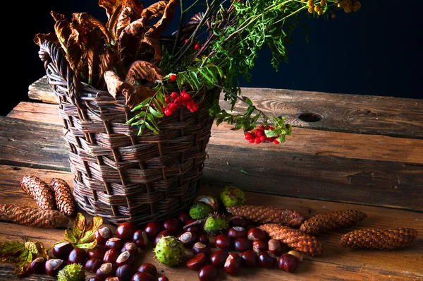 Verdorde bladeren, herfst bloemen en kastanjes in een rieten mand — Stockfoto