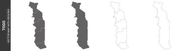 Beyaz arka planda izole edilmiş bölgelerle birlikte Togo 'nun 4 siyasi haritasından oluşan bir set