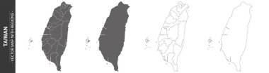 Beyaz arka planda izole edilmiş bölgeleri olan 4 Tayvan siyasi haritası.