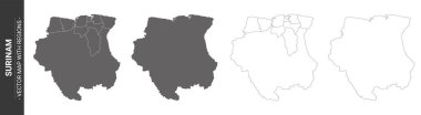 Surinam 'ın 4 siyasi haritası beyaz arka planda izole edilmiş bölgeler