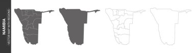 Beyaz arka planda izole edilmiş bölgeleri olan 4 siyasi Namibya haritası
