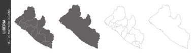 Beyaz arka planda izole edilmiş bölgelerle birlikte Liberya 'nın dört siyasi haritası.