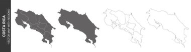 Kosta Rika 'nın 4 siyasi haritası beyaz arka planda izole edilmiş bölgeler