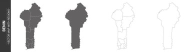 Benin 'in 4 siyasi haritası beyaz arka planda izole edilmiş bölgeler