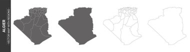 Beyaz arka planda izole edilmiş bölgelerle Cezayir 'in dört siyasi haritasından oluşan bir set.