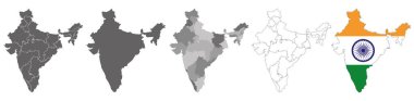 Hindistan 'ın bölgeleri ve beyaz arka planda izole edilmiş bayrak haritaları.
