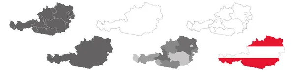 Set Politischer Landkarten Von Österreich Mit Regionen Und Fahnenkarte Isoliert — Stockvektor