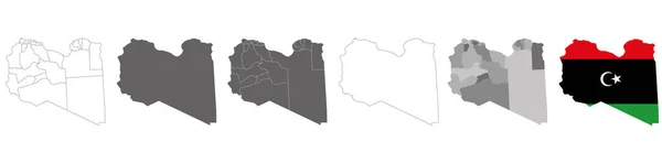 Serie Mappe Politiche Della Libia Con Regioni Mappa Bandiera Isolate — Vettoriale Stock