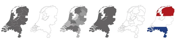 Set Politischer Landkarten Der Niederlande Mit Regionen Und Flaggenkarte Isoliert — Stockvektor