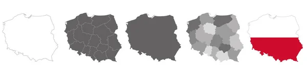 Zestaw Map Politycznych Polski Odizolowanymi Białym Tle Regionami Mapą Flagową — Wektor stockowy