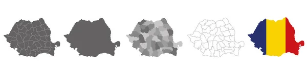 Zestaw Map Politycznych Rumunii Regionami Mapą Flagową Odizolowanych Białym Tle — Wektor stockowy