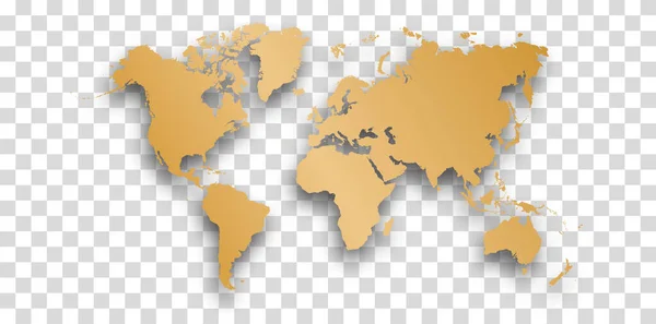 Gold Mappa Del Mondo Con Ombra Illustrazione Vettoriale Della Mappa — Vettoriale Stock