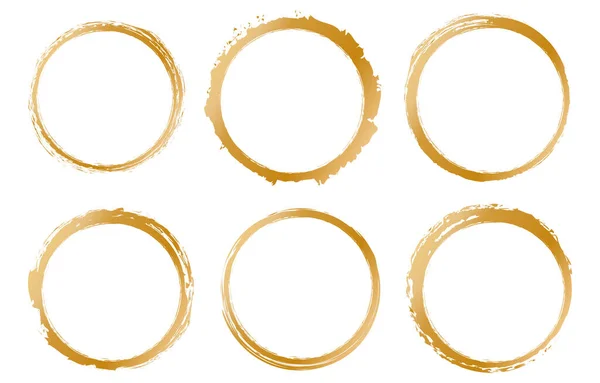 Sada Zlaté Kulaté Štětec Malované Inkoust Razítko Kruh Banner Průhledném — Stockový vektor