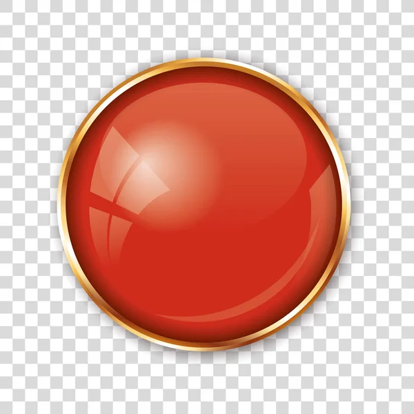 Roter Knopf Mit Goldenem Rahmen Auf Transparentem Hintergrund — Stockvektor
