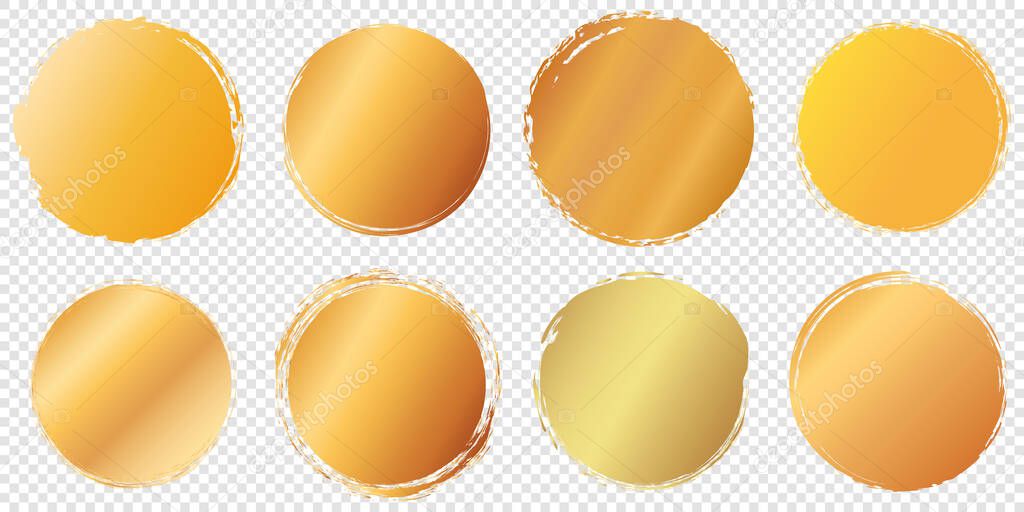 set of gold round brush painted ink stamp circle banner on transparent background