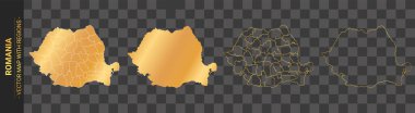 Romanya 'nın şeffaf arkaplanda izole edilmiş bölgeleriyle ilgili 4 adet altın siyasi harita seti