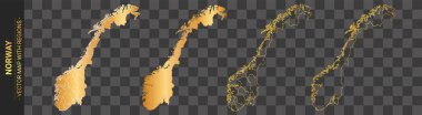 Norveç 'in şeffaf arkaplan üzerinde izole edilmiş bölgeleri olan 4 adet altın siyasi haritası.
