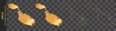 Şeffaf arkaplan üzerinde izole edilmiş bölgeleri olan Malta 'nın 4 altın siyasal haritası.