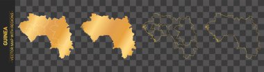 Şeffaf arka planda izole edilmiş bölgeleri olan 4 altın Gine haritası.
