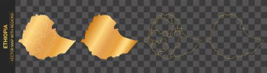 Etiyopya 'nın şeffaf arkaplanda izole edilmiş bölgeleri olan 4 adet altın siyasi haritası.