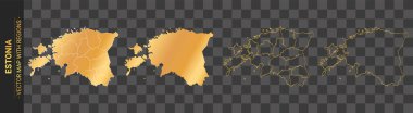 Estonya 'nın şeffaf arkaplanda izole edilmiş bölgeleri ile ilgili 4 adet altın siyasi harita seti