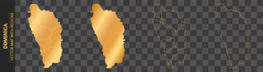Şeffaf arka planda izole edilmiş bölgeleri olan Dominica 'nın 4 adet altın siyasi haritası.