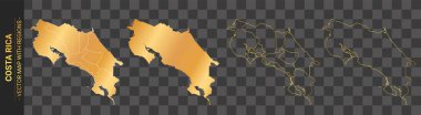 Kosta Rika 'nın şeffaf arkaplan üzerinde izole edilmiş bölgeleri olan 4 adet altın siyasi haritası.