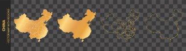 Çin 'in şeffaf arkaplan üzerinde izole edilmiş bölgeleri olan 4 adet altın siyasi haritası.