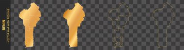 Şeffaf arka planda izole edilmiş bölgeleri olan Benin 'in 4 altın siyasal haritası.