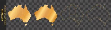 Avustralya 'nın şeffaf arkaplan üzerinde izole edilmiş bölgeleri olan 4 altın siyasi haritası.