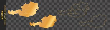 Şeffaf arka planda izole edilmiş bölgeleri olan Avusturya 'nın 4 adet altın siyasi haritası.